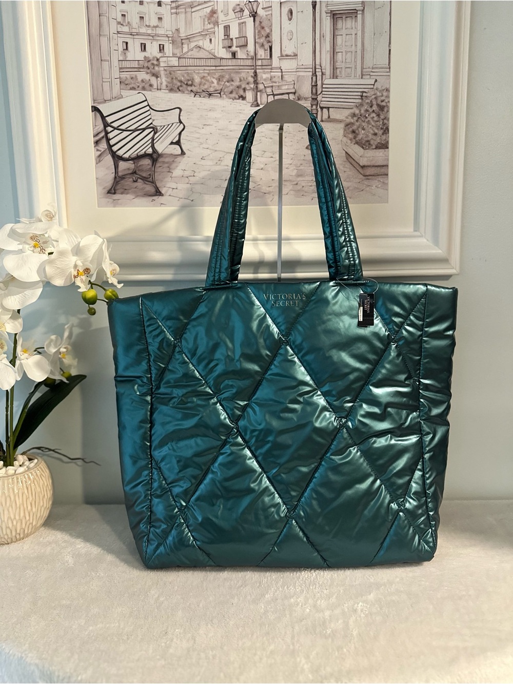 NWT Victoria's Secret Metallic Teal Green Quilted Puffer Tote Bag
